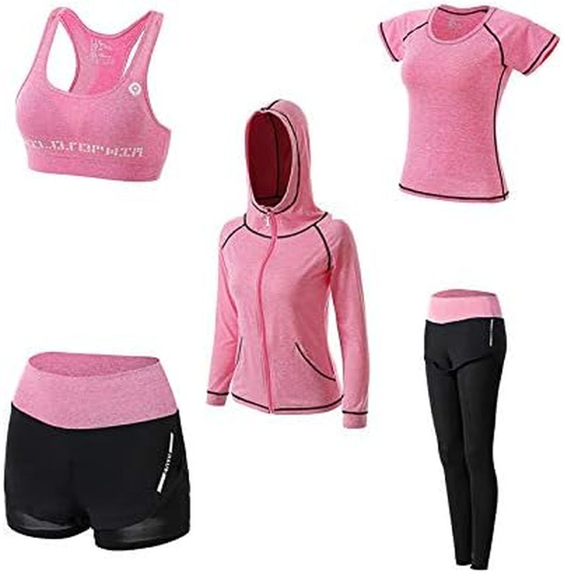Women'S Yoga Wear Five-Piece Pink Sports Suit, Large
