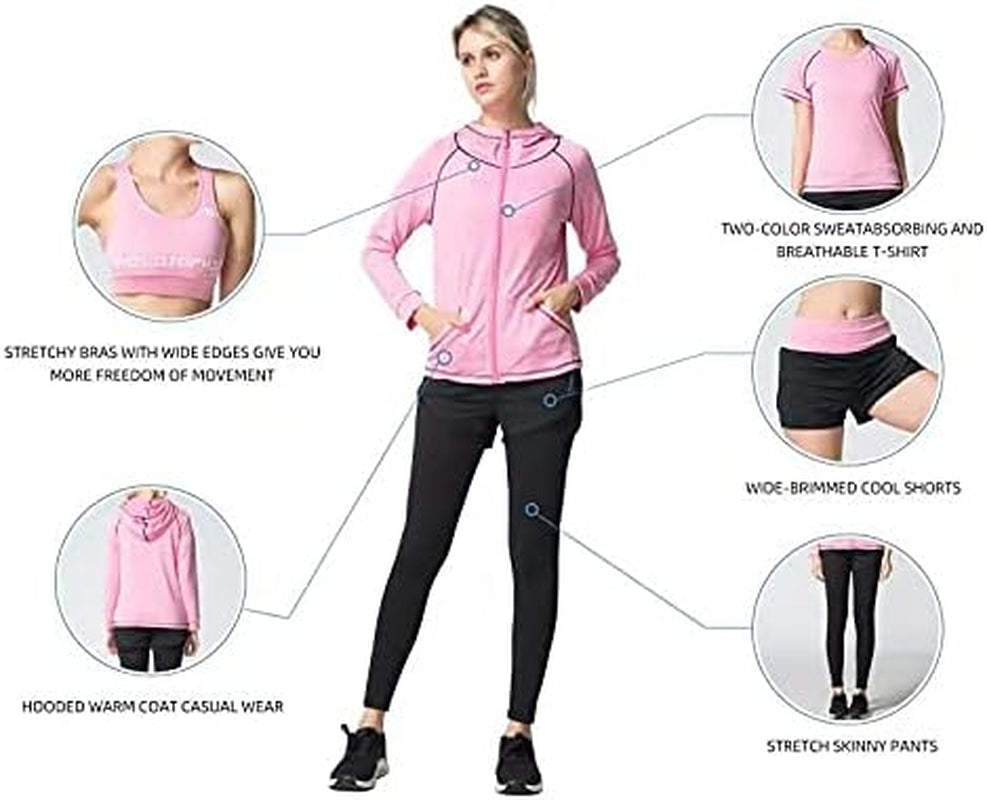 Women'S Yoga Wear Five-Piece Pink Sports Suit, Large
