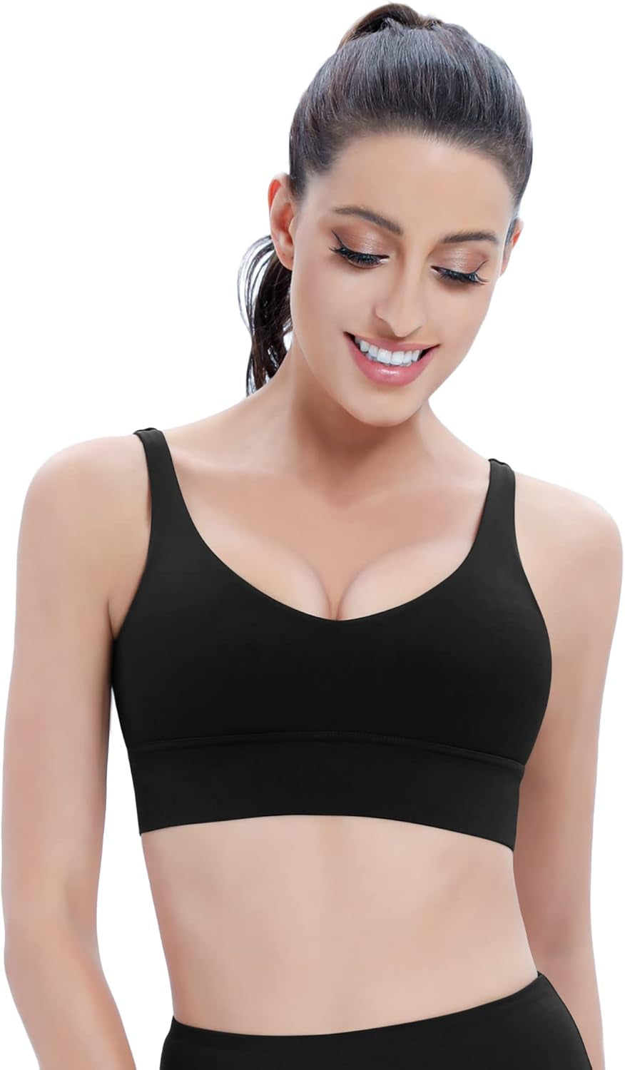 Women'S Sports Bra Compression Sports Bras for Women V Neck Medium Support Yoga Sports Bras Workout Fitness Black